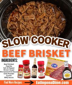 an advertisement for slow cooker beef brisket with ingredients in the crock pot