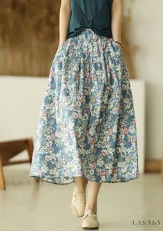 Lasaky - Floral Print Vintage A-line Midi Skirt with High Waist Retro Floral Pattern Long A Line Skirt, Linen Midi Skirt, Green Formal Dresses, Floral Print Midi Skirt, Blue Cotton Dress, Comfortable Skirts, Cotton Midi Skirt, Modest Skirts, Floral Print Design