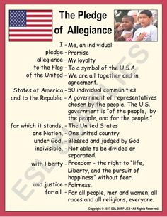 the pledge of allegiance poster with an american flag and two children in front of it