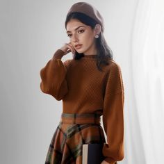 Olivia Mark - Set of Matching Style Knit Sweater and Checkered Wool Skirt in Similar Color Scheme Casual Knitted Skirt For Fall, Knitted Skirt For Fall, Fall Knitted Skirt, Sister Bridesmaid, Brown Color Schemes, Club Party Dresses, Wool Skirt, Matches Fashion, Long Sleeve Blazers