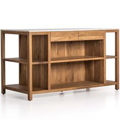 the sideboard is made out of wood and has two open shelves on one side