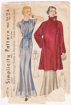 RARE Vintage Sewing Pattern 1930s Formal Evening Gown, Coat Simplicity 1965 Vintage Fashion 1930s, 1930 Fashion, Simplicity Fashion, Retro Sewing Patterns, Formal Evening Gown, Fashion Forecasting, Vintage Dress Patterns, Wrap Pattern, 1930s Fashion