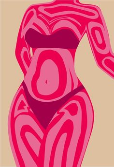 a woman's torso in pink on a beige background, with an abstract pattern