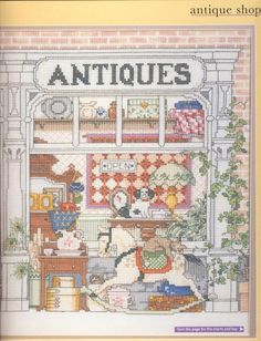 an antique shop is featured in this cross stitch pattern