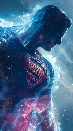 the man is standing in front of some clouds and stars, with his superman costume on