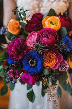 Jewel Tones Wedding Bouquet, Jewel Toned Wedding Decor, August Wedding Themes, June Wedding Colors Schemes, Boho Colorful Wedding, Jewel Tone Wedding Bouquet, Simple Wedding Theme Ideas, Whimsical Colorful Wedding, Colourful Flower Bouquet