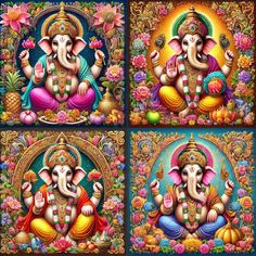 four paintings of lord ganesha with flowers and fruits in the middle one has an elephant on it's back