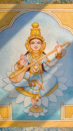 Hindu Goddess Painting, Saraswati Watercolor Painting, Painting Of Hindu God, Sarswati Goddesses Painting, Durga Maa Watercolor Painting, Lord Aesthetic Wallpaper, Saraswati Goddess Sketch, Sarswati Maa Drawings, Saraswati Madhubani Painting