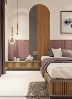 a bed room with a neatly made bed and purple curtains