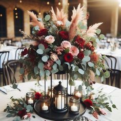 a centerpiece with candles, flowers and greenery sits on a table at a wedding reception