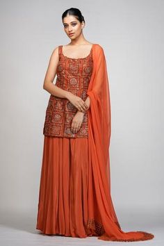 Shop for Shruti S Orange Silk Embroidered Kurta Sharara Set for Women Online at Aza Fashions Orange Sharara, Sharara Pants, Kurta Sharara Set, Orange Suit, Kurta Sharara, Georgette Dupatta, Short Kurta, Geometric Motifs, Sharara Set