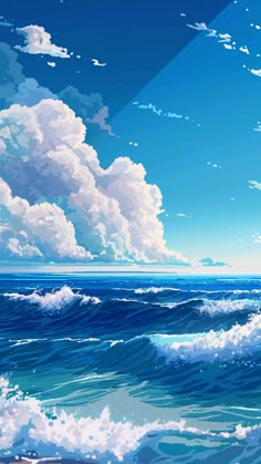 a painting of the ocean with clouds in the sky