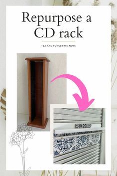 an advertisement for repurpose a cd rack with flowers in the background and text that reads, repurpose a cd rack tea and forget me nots