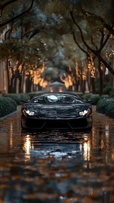 a black sports car is parked on the street in front of some trees and lights