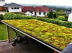 a green roof with red and yellow flowers on it