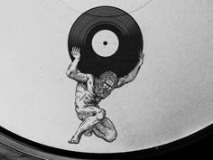 a drawing of a man holding a record in the air with his hands on top of it