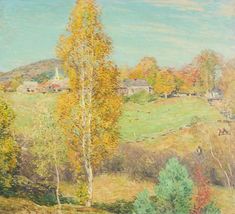 an oil painting of a rural landscape with trees