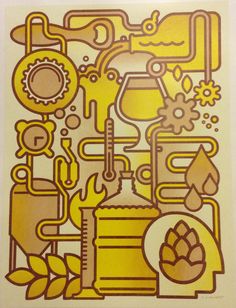 an art work with yellow and brown colors on white paper, including the image of various items