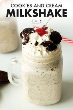 cookies and cream milkshake in a mason jar