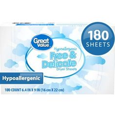 Great Value Free & Delicate Dryer sheets use a hypoallergenic formula with no perfumes or dyes to soften your clothes without irritating your skin. Your clothes will come out soft and free of static cling. Not only will your clothes feel great, but they'll look great, too. Wrinkles are reduced during the drying process, so you don't have to worry about whipping out the iron on a busy work day. Enjoy bath time and bedtime even more with sheets and towels that take on a new level of softness. Simply add one of our Great Value Free & Delicate Hypoallergenic Dryer Sheets to your load for laundry that smells fresh and feels great. This package contains one box of Great Value Free & Delicate Hypoallergenic Dryer Sheets, enough for 180 loads. Laundry Dryer, Dryer Sheets, Static Cling, Smell Fresh, Household Essentials, Bath Time, Feeling Great, Saving Money, Wrinkles