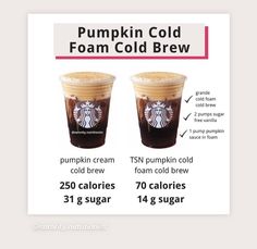 two cups of pumpkin cold coffee are shown with information about the different flavors and ingredients