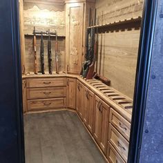 Western Home Remodel Ideas, Hunting Gear Room Ideas, Cool Home Designs, Barndominium With Safe Room, Small Safe Room Ideas, Hunting Closet Ideas, Hunting Gear Storage Ideas, Western Barndominium, Hunting Closet