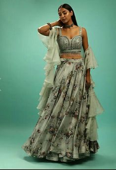 Dusty aqua shaded skirt with floral print all over. Paired with a matching raw silk crop top heavily embellished with mirror, stone zardosi work. Topped with a matching ruffle dupatta in organza. It's a perfect pick for the summer wedding look. Work Online, Mirror Work, Wedding Looks