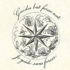 an ink drawing of a star in the middle of a circle with words written below it