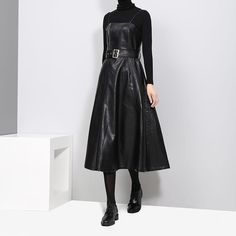 A-Line Spaghetti Strap Faux Leather Black Dress With BeltSize Chart Punk Rock Dress, Chest Plate, Black Leather Dresses, Mode Inspo, Slim Dresses, Leather Dresses, Loose Dress, Leather Dress, Belted Dress