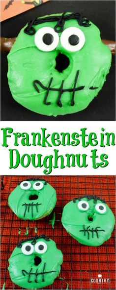 some cookies with green frosting and googly eyes are on a cooling rack in front of the words, frankensteine in doughnuts