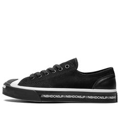 Converse and NEIGHBORHOOD join forces once again for a limited-edition sneaker that blends classic style with an edgy motorcycle aesthetic. The Jack Purcell Low 'Black' sneaker is crafted from premium suede with a two-tone rubber toe cap, Kanji characters embroidered on the leather heel and co-branding printed on the insole. The rubber sole features a color-pop tread for traction, while lettering on the sidewall references the partnership between the two iconic brands. Kanji Characters, Motorcycle Aesthetic, Jack Purcell, Limited Edition Sneakers, The Jack, Black Sneaker, Skate Shoes, Iconic Brands, Leather Heels