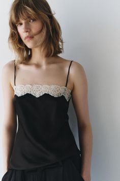 LACE LINGERIE STYLE TOP ZW COLLECTION Lace Camisole And Shorts, Lace Top Lulus, Black Cami Blouse, Romantic Fitted Camisole Affordable, Lace Undershirt Women, Bralet Over Dress, White Button Down Black Lace Bra, Necklace With Lace Top, Zara Going Out Tops