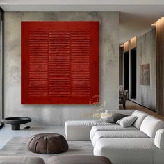 a living room with white couches and a large red piece of art on the wall