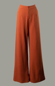 Women's wide leg high rise rust pants with front zipper and button Cheap Orange Wide Leg Bottoms, Affordable Orange Trousers, Tops For Flare Courdoroy Pants Office, Cheap Full Length Orange Pants, Affordable High-waist Orange Pants, Rust Pants Cream Top, Cheap Red Wide Leg Pants, Rust Long Pants, Wide Leg Courdoroy Anthropologie