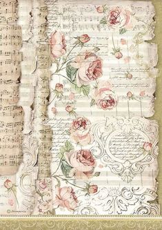 a piece of paper with roses and music notes on it, including sheet music sheets