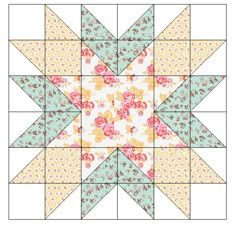 an image of a flowered star quilt pattern on a white background with pink, yellow and green flowers