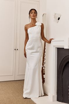 Shop the Carriann One-Shoulder Bow Maxi Dress White | Selfie Leslie Selfie Leslie, Maxi Dress White, Satin Clutch, Yellow Bridesmaids, Split Maxi Dress, White Heels, Satin Maxi, Iron Material, Date Night Dresses