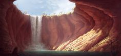 an artist's rendering of a waterfall coming out of a cave