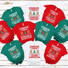 Shop with Confidence! We are a 5-Star Rated Shop! Step up your Chritmas Cookie Marathons by stepping into these  "Christmas Cookie Crew" t-shirts! These eye-catching shirts feature a bold, on-style design and funky font. Available in a variety of colors these shirts ensure every baking member looks stylish while celebrating their unique bond. Made from high-quality, comfortable fabric, they are perfect for family gatherings, reunions, or just showing off cookie crew pride in everyday life. From Cookie Day Shirts, Cookie Shirts Ideas, Cookie Crew Shirt, Noel Cookies, Ugly Sweater Cookie, Bff Shirts, Funky Fonts, Cookie Shirt, Cookie Decorating Party