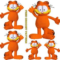 the crocheted cat is posed in different poses with his hands on his hips