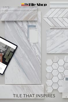 the tile that inspires is displayed on an ipad next to other tiles and accessories