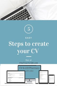 a laptop computer sitting on top of a bed with text overlay that reads 5 easy steps to create your cv