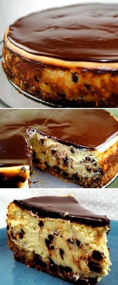 three different views of a cheesecake with chocolate toppings