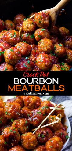 crock pot bourbon meatballs in a white bowl with toothpicks on top