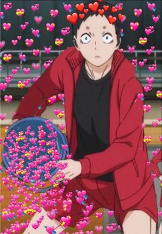 an anime character holding a bowl with hearts floating out of it in front of him