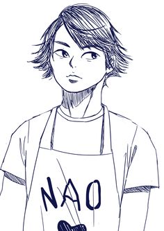 a black and white drawing of a person wearing an apron with the word oan on it