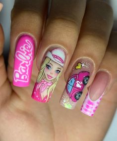 Almond Nails Barbie, Acrylic Nails Barbie, Barbie Theme Outfit, Barbie Acrylic Nails, Barbie Nails Design, Barbie Aesthetic Outfit, Barbie Party Decor, Barbie Nails Acrylic, Desain Salon Kuku