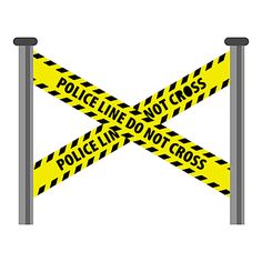 yellow and black police line do not cross warning tapes on poles, isolated against a white background