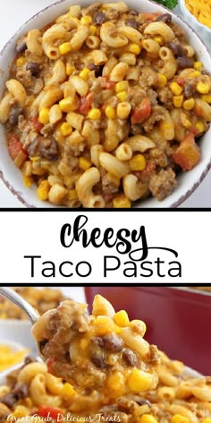 cheese taco pasta in a white bowl with a spoon full of it and the title overlay reads cheesy taco pasta