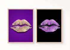 two framed pictures with purple and gold lips